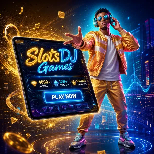 DJ presenter inviting players to spin slots at SlotsDJ Casino Games interface