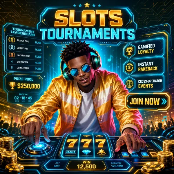 Vibrant digital trendsetter engaging with neon slot tournament interface at SlotsDJ Tournaments & Competitions